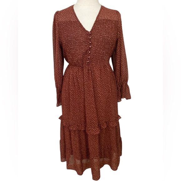 Brick Dot Smocked Chiffon Long Sleeve Midi Dress - Picture 1 of 5